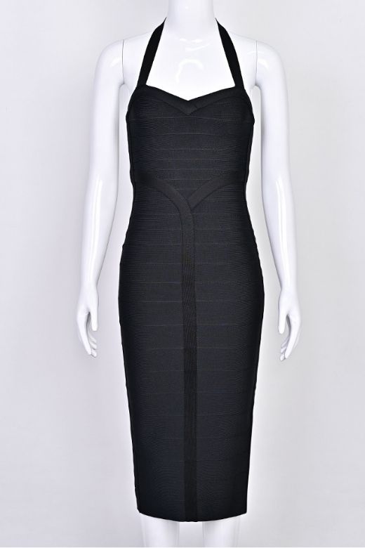 Woman wearing a figure flattering  Lara Bandage Midi Dress - Classic Black BODYCON COLLECTION Pty Ltd