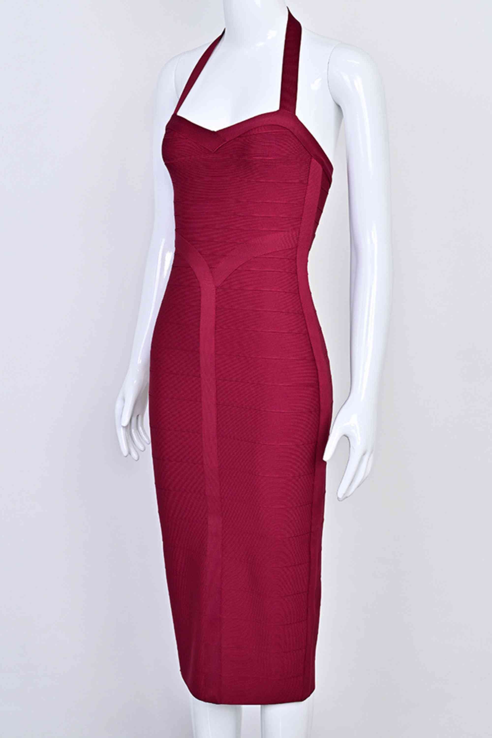 Woman wearing a figure flattering  Lara Bandage Midi Dress - Red Wine BODYCON COLLECTION Pty Ltd