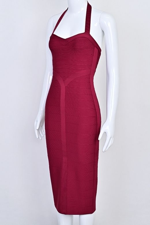 Woman wearing a figure flattering  Lara Bandage Midi Dress - Red Wine BODYCON COLLECTION Pty Ltd