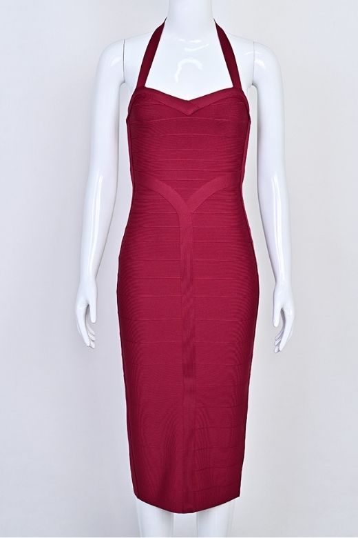 Woman wearing a figure flattering  Lara Bandage Midi Dress - Red Wine BODYCON COLLECTION Pty Ltd