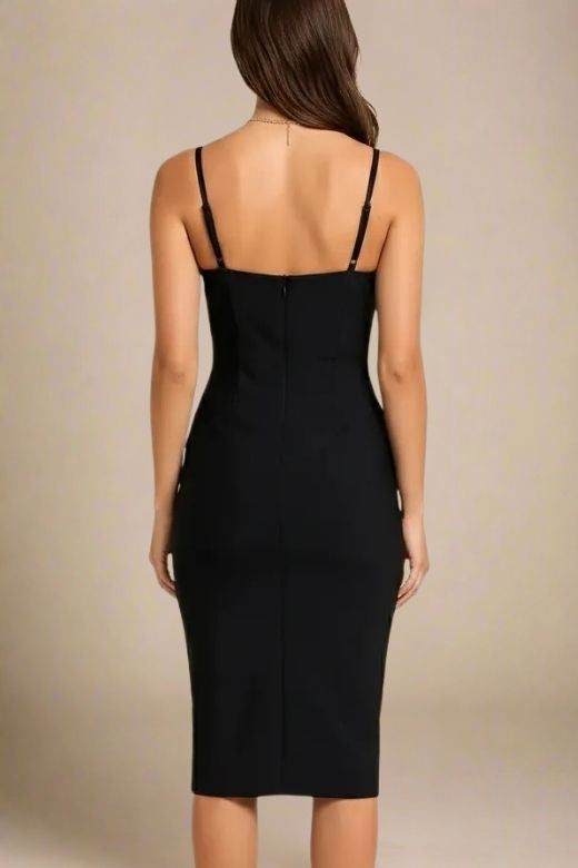 Woman wearing a figure flattering  Larissa Bodycon Dress - Classic Black BODYCON COLLECTION Pty Ltd