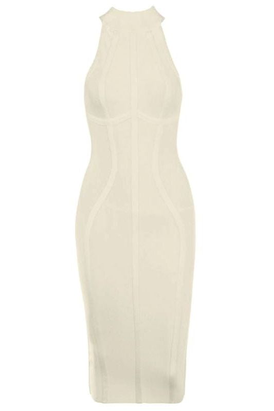 Woman wearing a figure flattering  Lea Bandage Midi Dress - Nude Bodycon Collection
