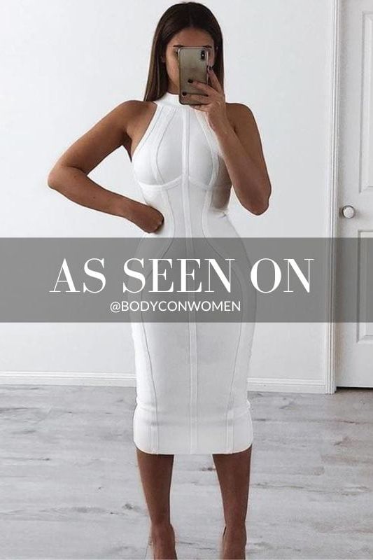 Woman wearing a figure flattering  Lea Bandage Midi Dress - Pearl White Bodycon Collection