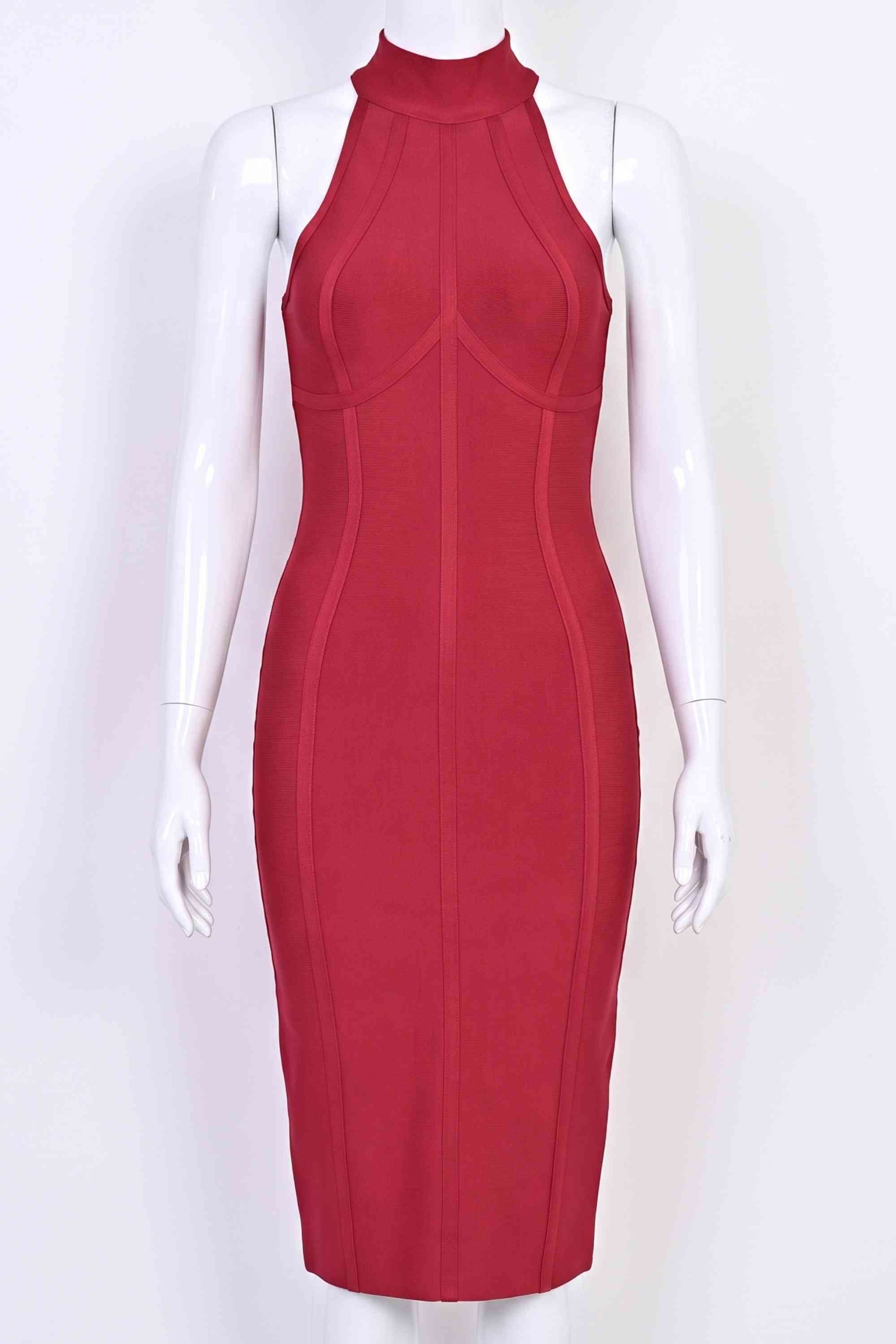 Woman wearing a figure flattering  Lea Bandage Midi Dress - Red Wine Bodycon Collection