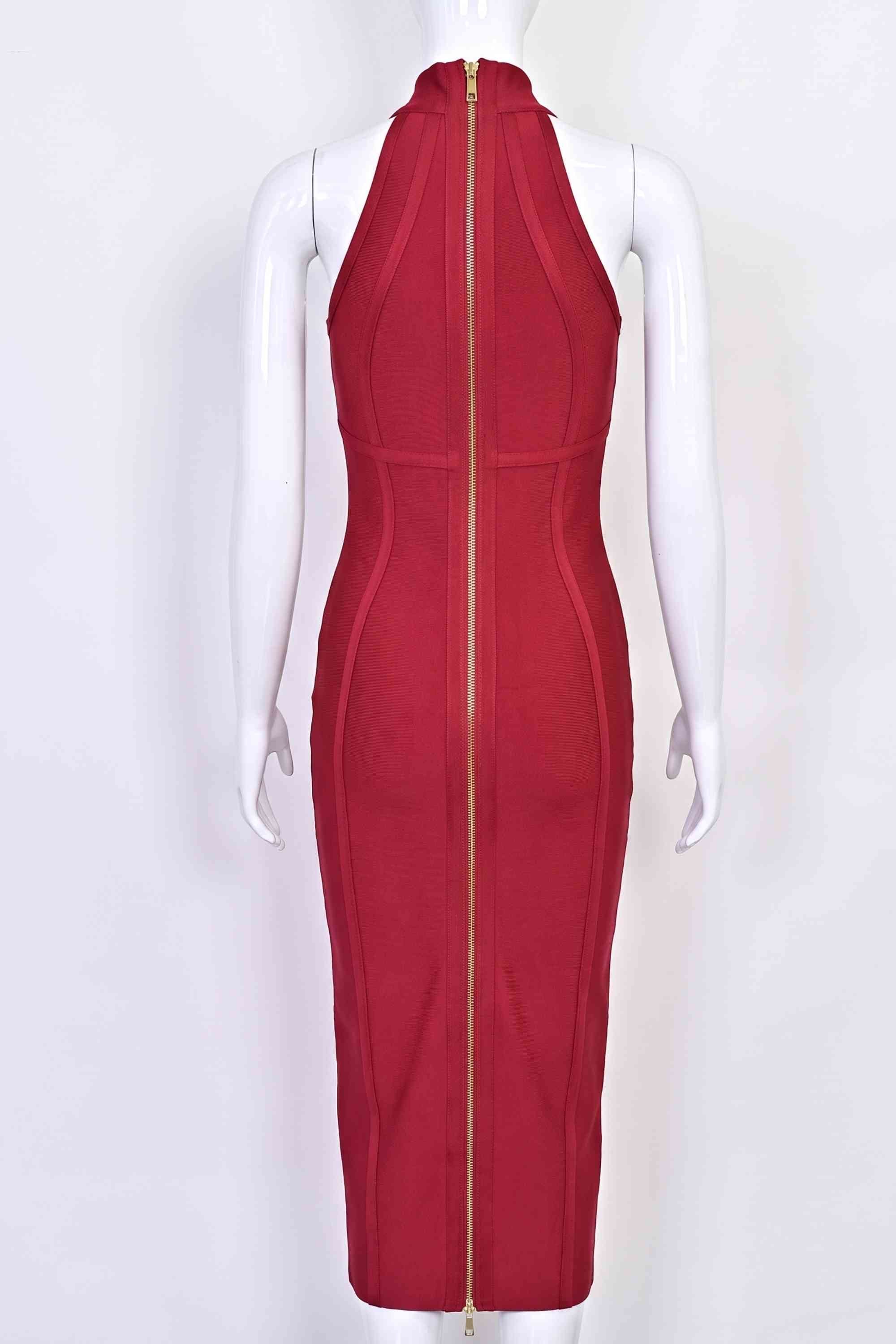 Woman wearing a figure flattering  Lea Bandage Midi Dress - Red Wine Bodycon Collection