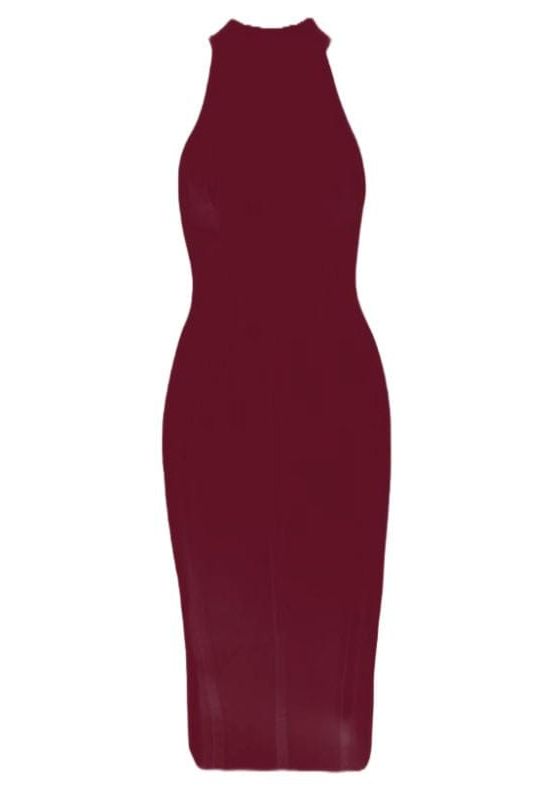 Woman wearing a figure flattering  Lea Bandage Midi Dress - Red Wine Bodycon Collection