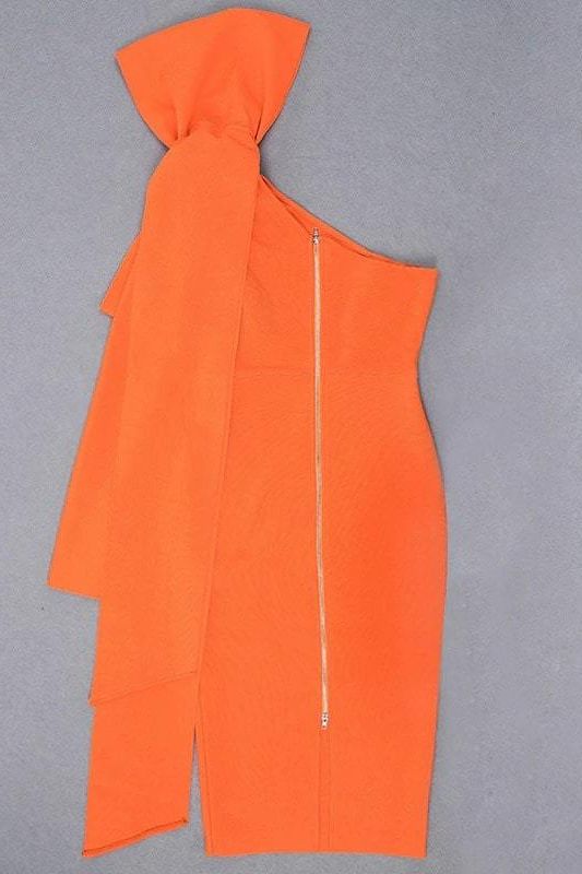 Woman wearing a figure flattering  Lela Long Sleeve Bandage Midi Dress - Apricot Orange BODYCON COLLECTION