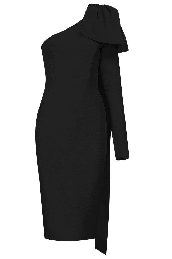 Woman wearing a figure flattering  Lela Long Sleeve Bandage Midi Dress - Classic Black BODYCON COLLECTION