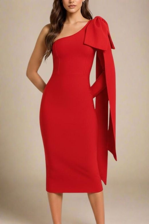 Woman wearing a figure flattering  Lela Long Sleeve Bandage Midi Dress - Lipstick Red BODYCON COLLECTION