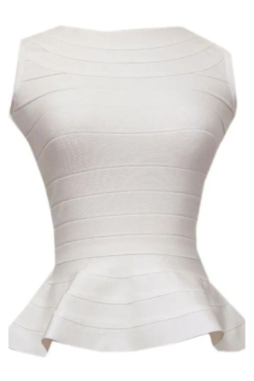 Woman wearing a figure flattering  Leni Bandage Top - Pearl White BODYCON COLLECTION