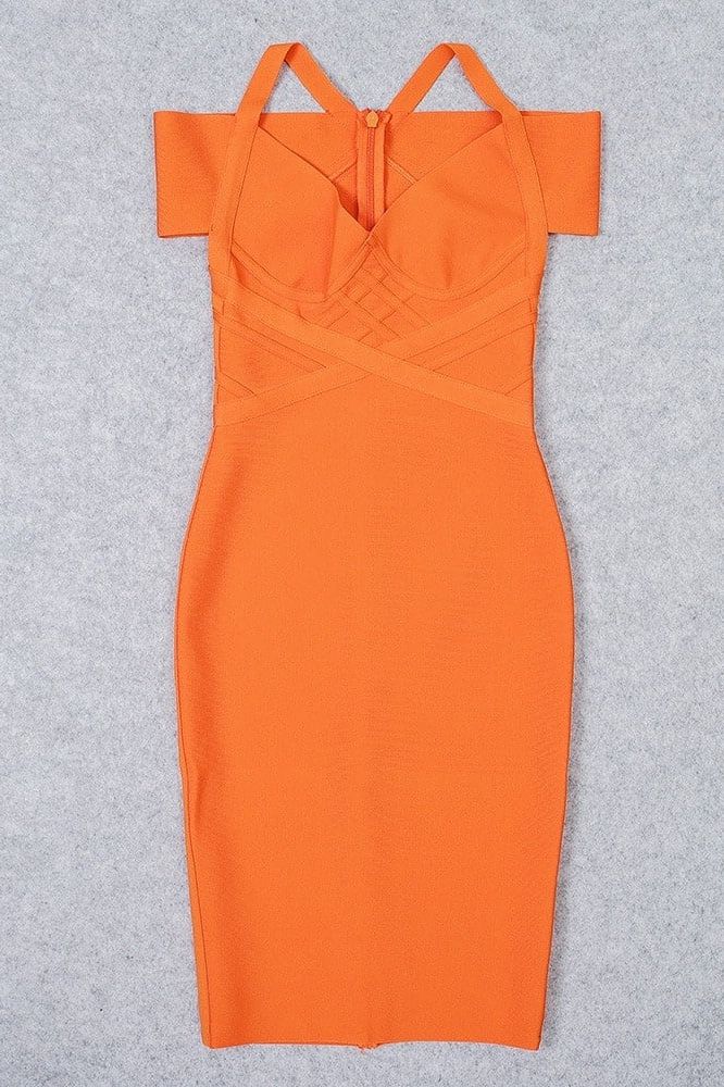 Woman wearing a figure flattering  Leo Bandage Midi Dress - Apricot Orange Bodycon Collection