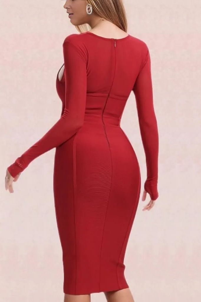 Woman wearing a figure flattering  Lexi Bodycon Midi Dress - Red Wine BODYCON COLLECTION