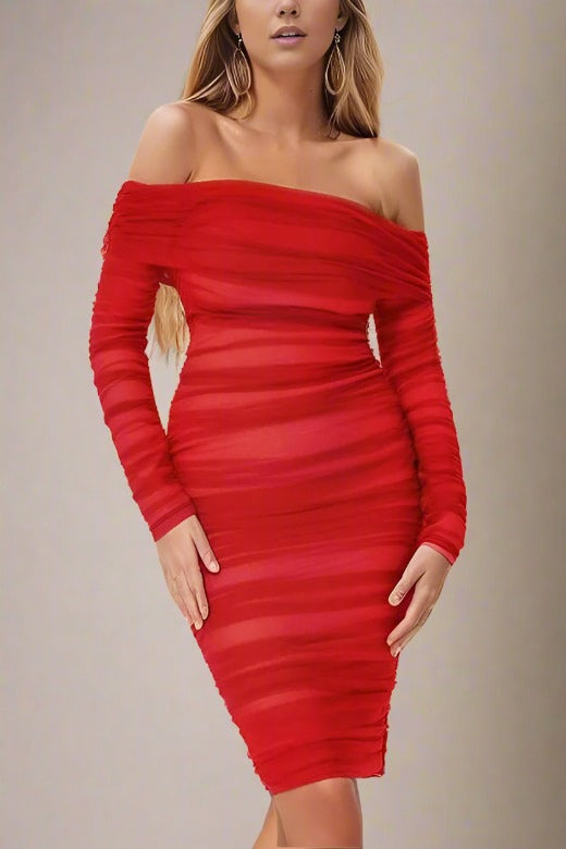 Woman wearing a figure flattering  Lila Bodycon Wrap Long Sleeve Dress - Lipstick Red BODYCON COLLECTION