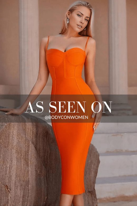 Woman wearing a figure flattering  Lina Bandage Midi Dress - Apricot Orange BODYCON COLLECTION
