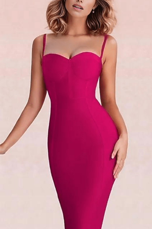 Woman wearing a figure flattering  Lina Bandage Midi Dress - Magenta Pink BODYCON COLLECTION