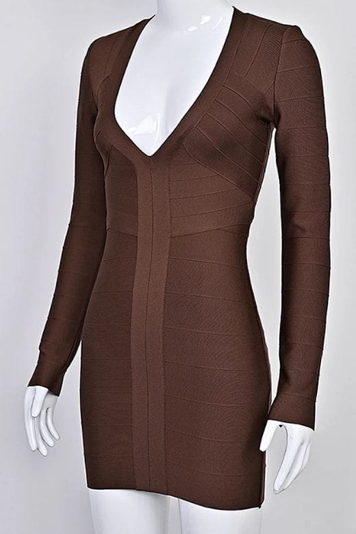 Woman wearing a figure flattering  Lisa Long Sleeve Bandage Mini Dress - Chocolate Brown BODYCON COLLECTION Pty Ltd