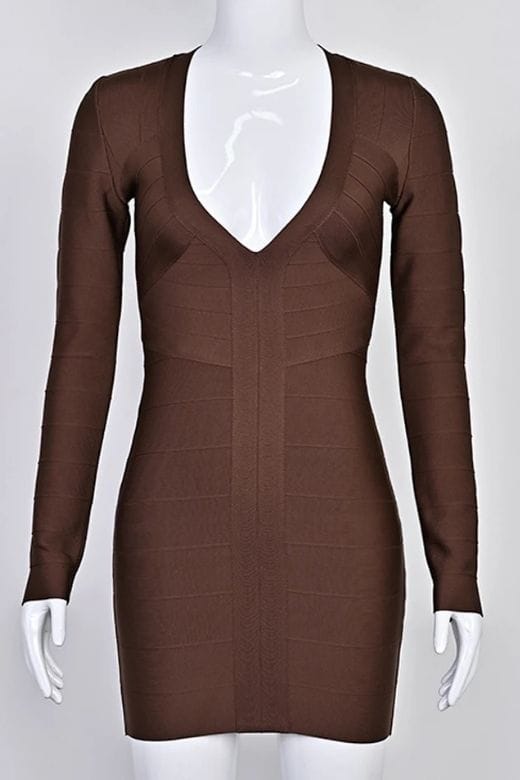Woman wearing a figure flattering  Lisa Long Sleeve Bandage Mini Dress - Chocolate Brown BODYCON COLLECTION Pty Ltd