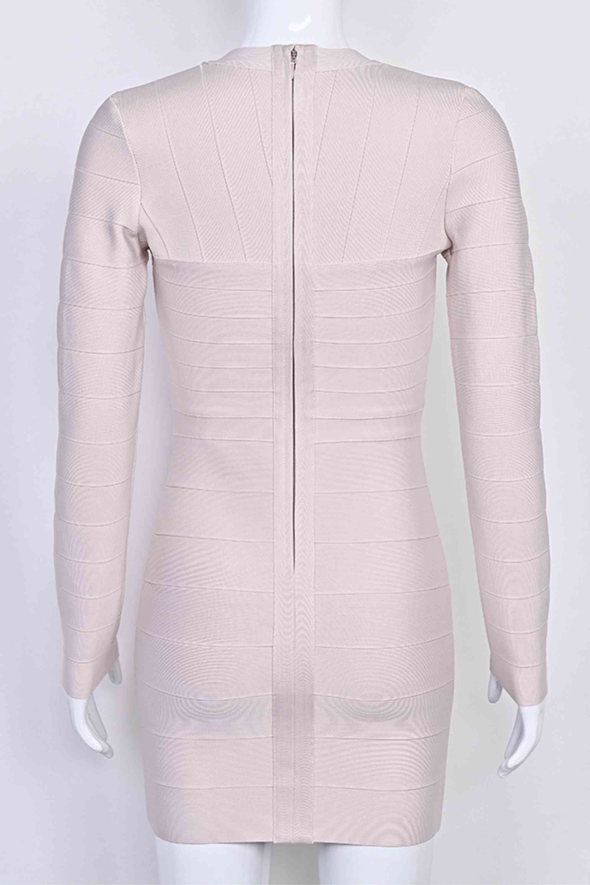 Woman wearing a figure flattering  Lisa Long Sleeve Bandage Mini Dress - Cream BODYCON COLLECTION Pty Ltd