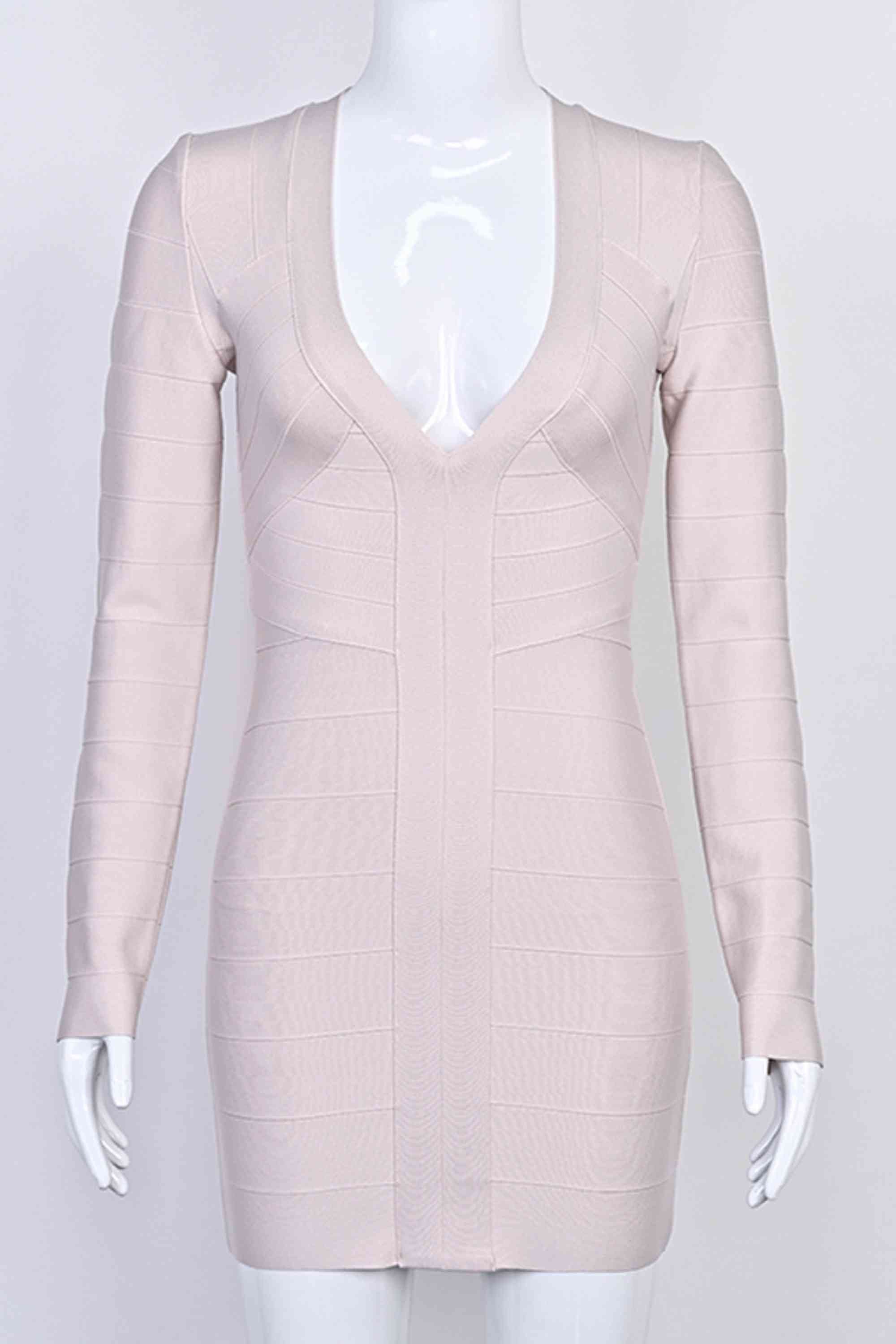 Woman wearing a figure flattering  Lisa Long Sleeve Bandage Mini Dress - Cream BODYCON COLLECTION Pty Ltd