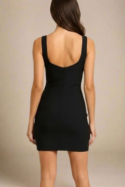 Woman wearing a figure flattering  Livia Bodycon Mini Dress - Classic Black BODYCON COLLECTION Pty Ltd