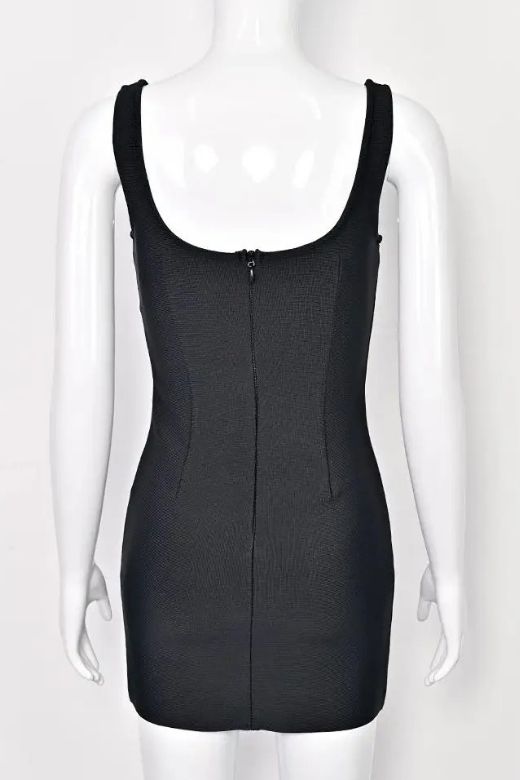 Woman wearing a figure flattering  Livia Bodycon Mini Dress - Classic Black BODYCON COLLECTION Pty Ltd