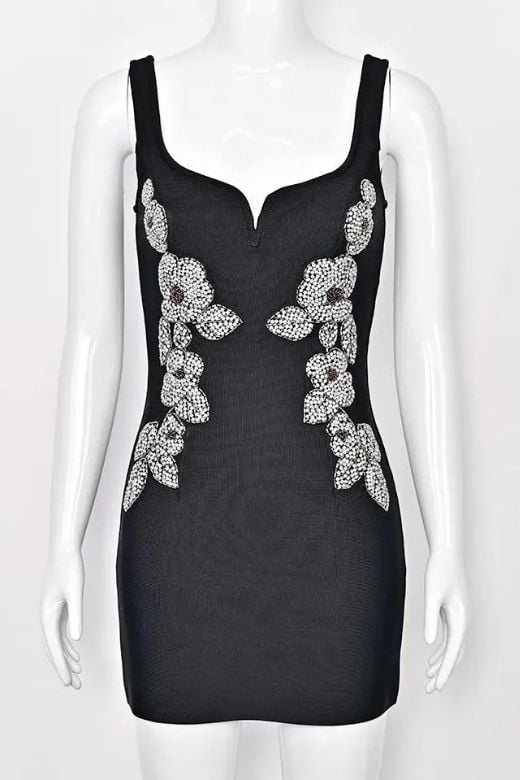 Woman wearing a figure flattering  Livia Bodycon Mini Dress - Classic Black BODYCON COLLECTION Pty Ltd