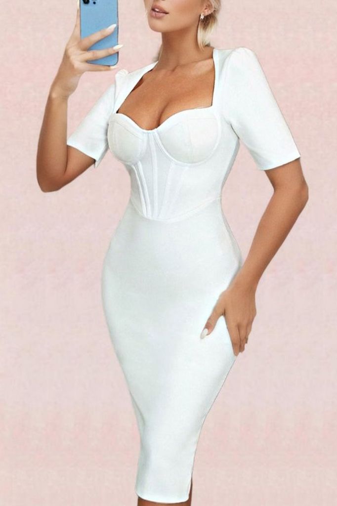 Woman wearing a figure flattering  Lola Short Sleeve Bodycon Midi Dress - Pearl White BODYCON COLLECTION