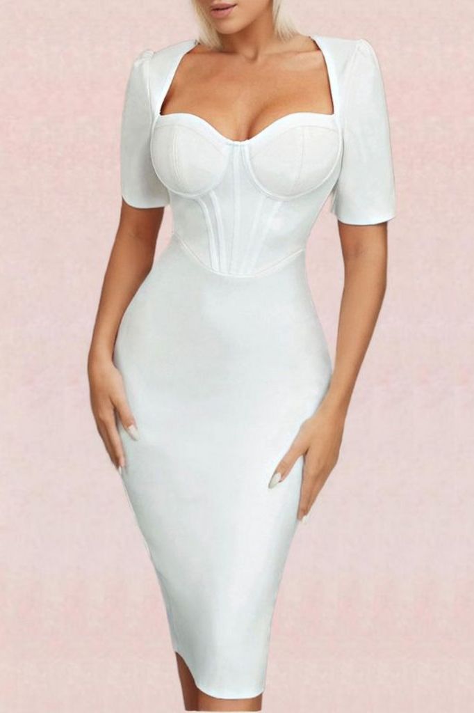 Woman wearing a figure flattering  Lola Short Sleeve Bodycon Midi Dress - Pearl White BODYCON COLLECTION