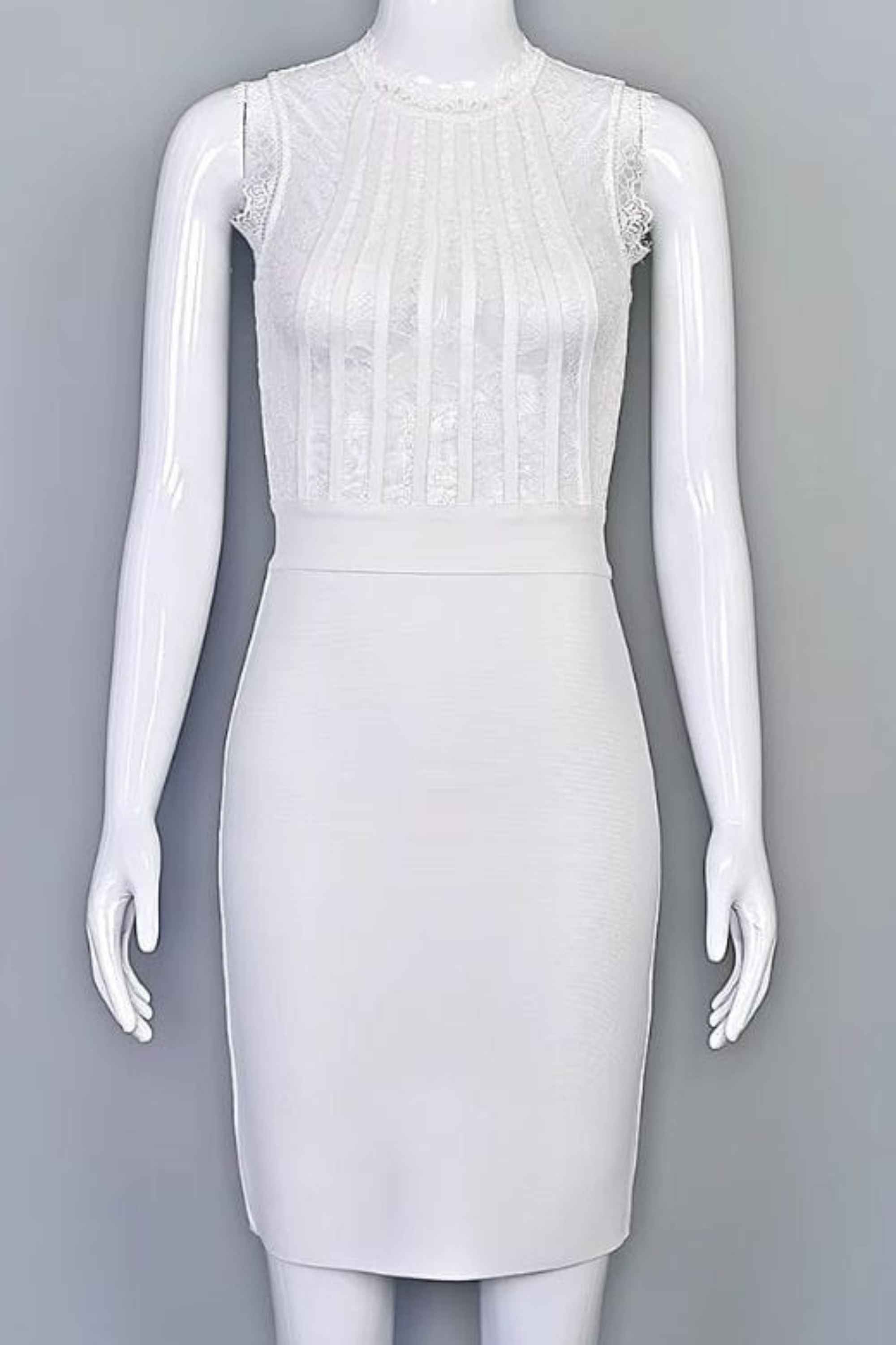 Woman wearing a figure flattering  Lori Bodycon Dress - White Pearl BODYCON COLLECTION Pty Ltd