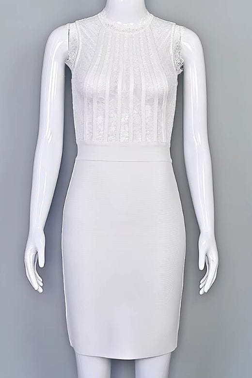Woman wearing a figure flattering  Lori Bodycon Dress - White Pearl BODYCON COLLECTION Pty Ltd