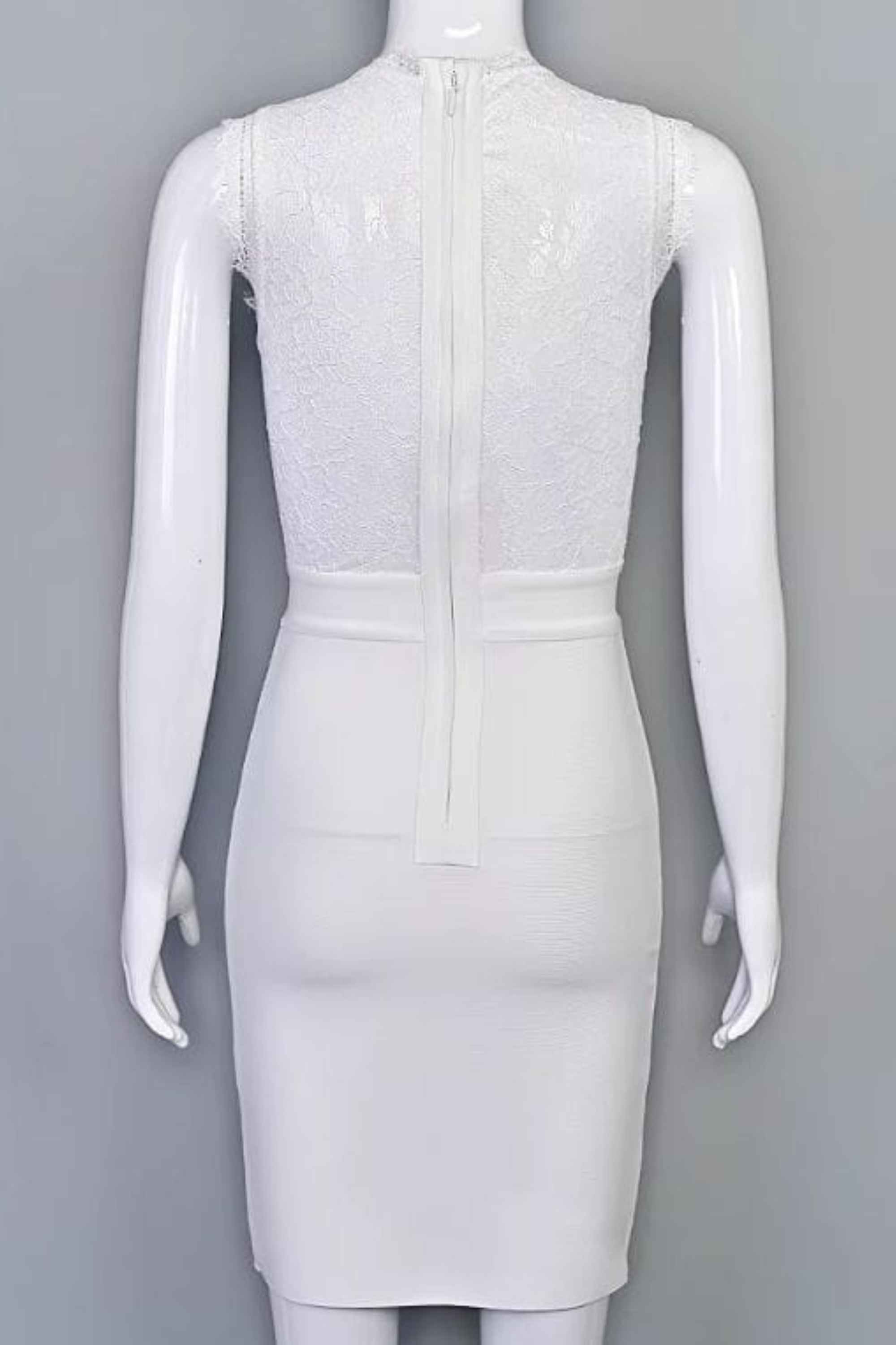 Woman wearing a figure flattering  Lori Bodycon Dress - White Pearl BODYCON COLLECTION Pty Ltd