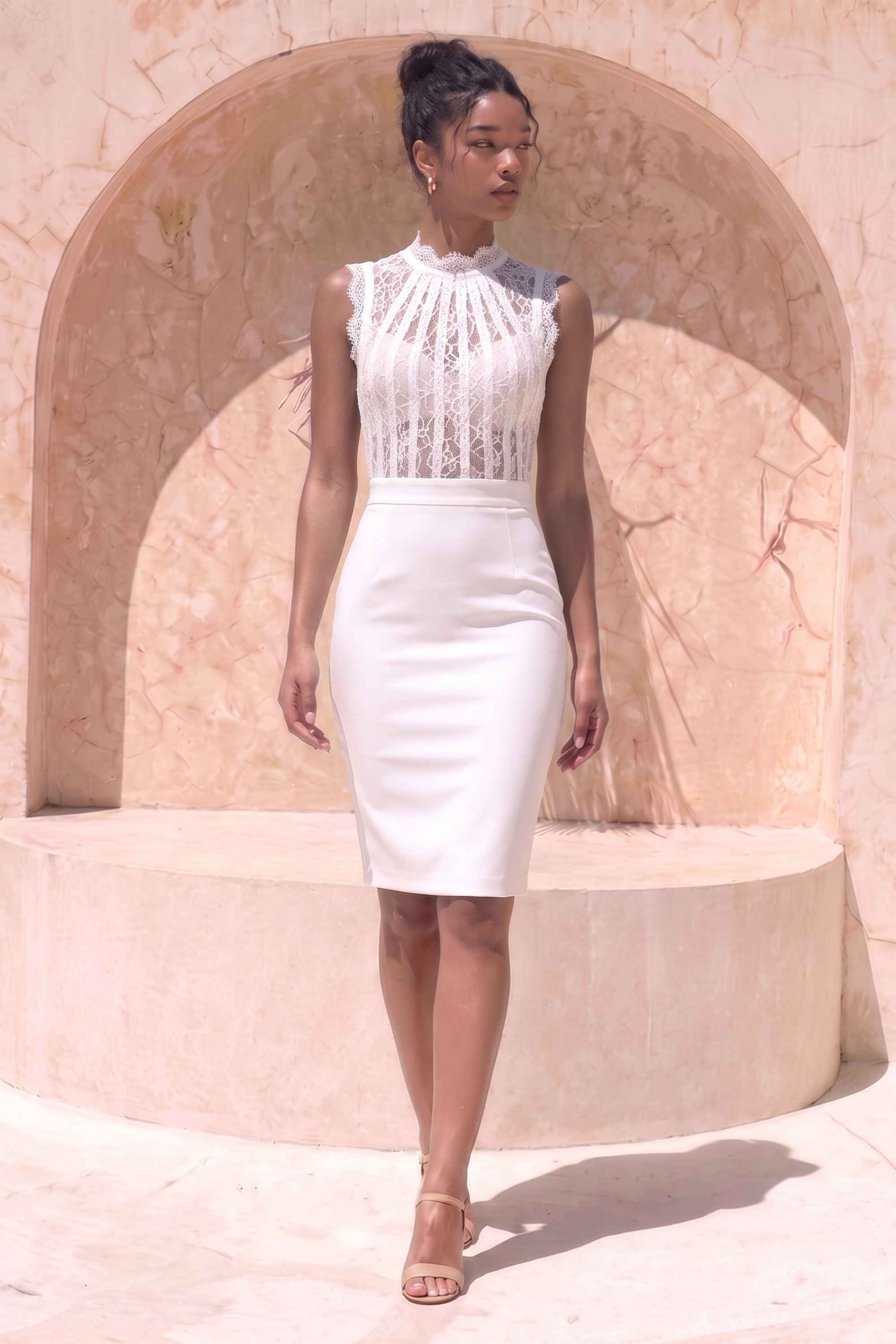 Woman wearing a figure flattering  Lori Bodycon Dress - White Pearl BODYCON COLLECTION Pty Ltd