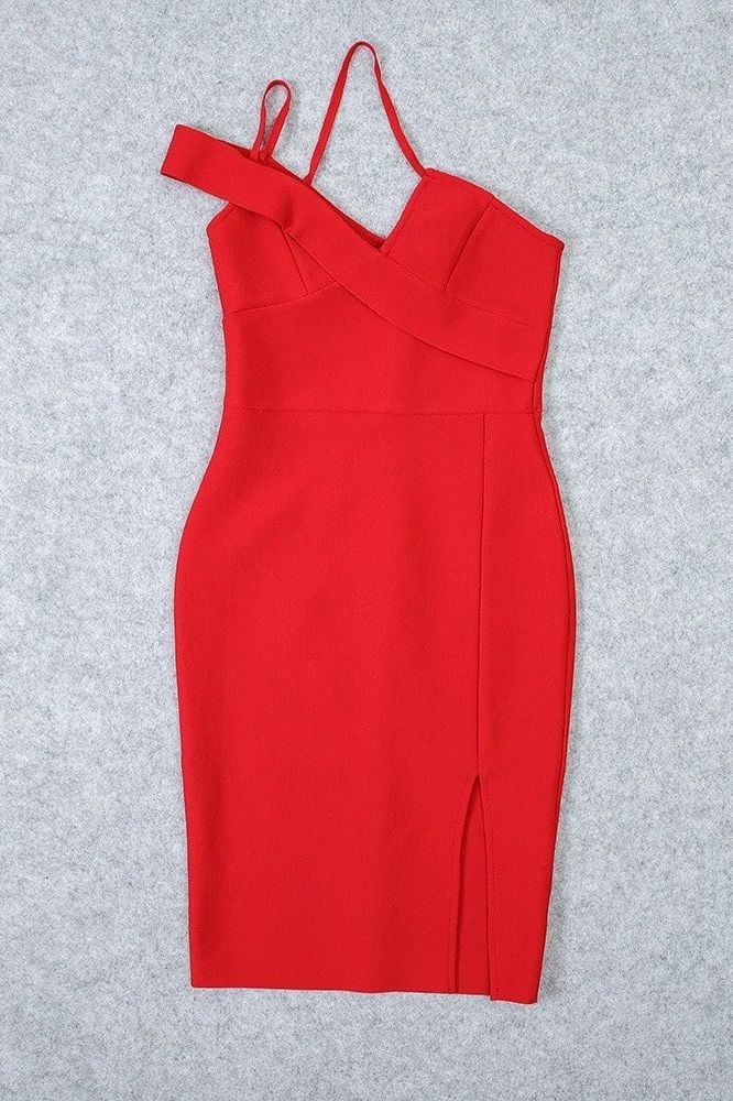 Woman wearing a figure flattering  Luna Bodycon Dress - Lipstick Red Bodycon Collection