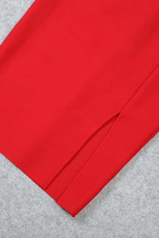 Woman wearing a figure flattering  Luna Bodycon Midi Dress - Lipstick Red Bodycon Collection