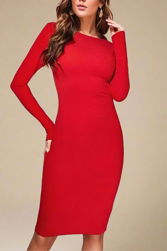 Woman wearing a figure flattering  Lyn Long Sleeve Bandage Dress - Lipstick Red BODYCON COLLECTION