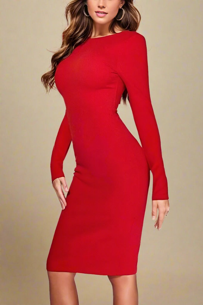 Woman wearing a figure flattering  Lyn Long Sleeve Bandage Dress - Lipstick Red BODYCON COLLECTION