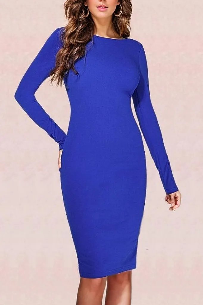 Woman wearing a figure flattering  Lyn Long Sleeve Bandage Dress - Royal Blue BODYCON COLLECTION