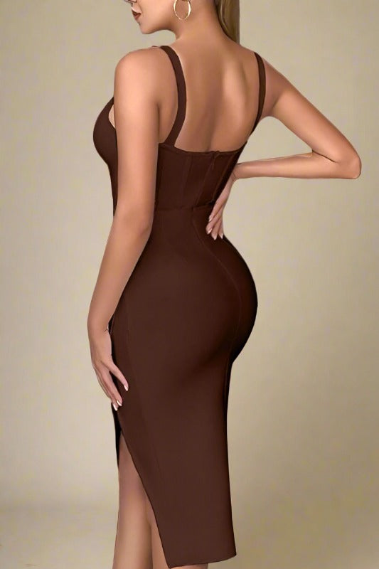 Woman wearing a figure flattering  Maddi Bandage Dress - Tan Brown BODYCON COLLECTION
