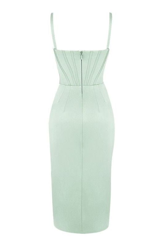 Woman wearing a figure flattering  Maddi Bodycon Dress - Mint Green BODYCON COLLECTION