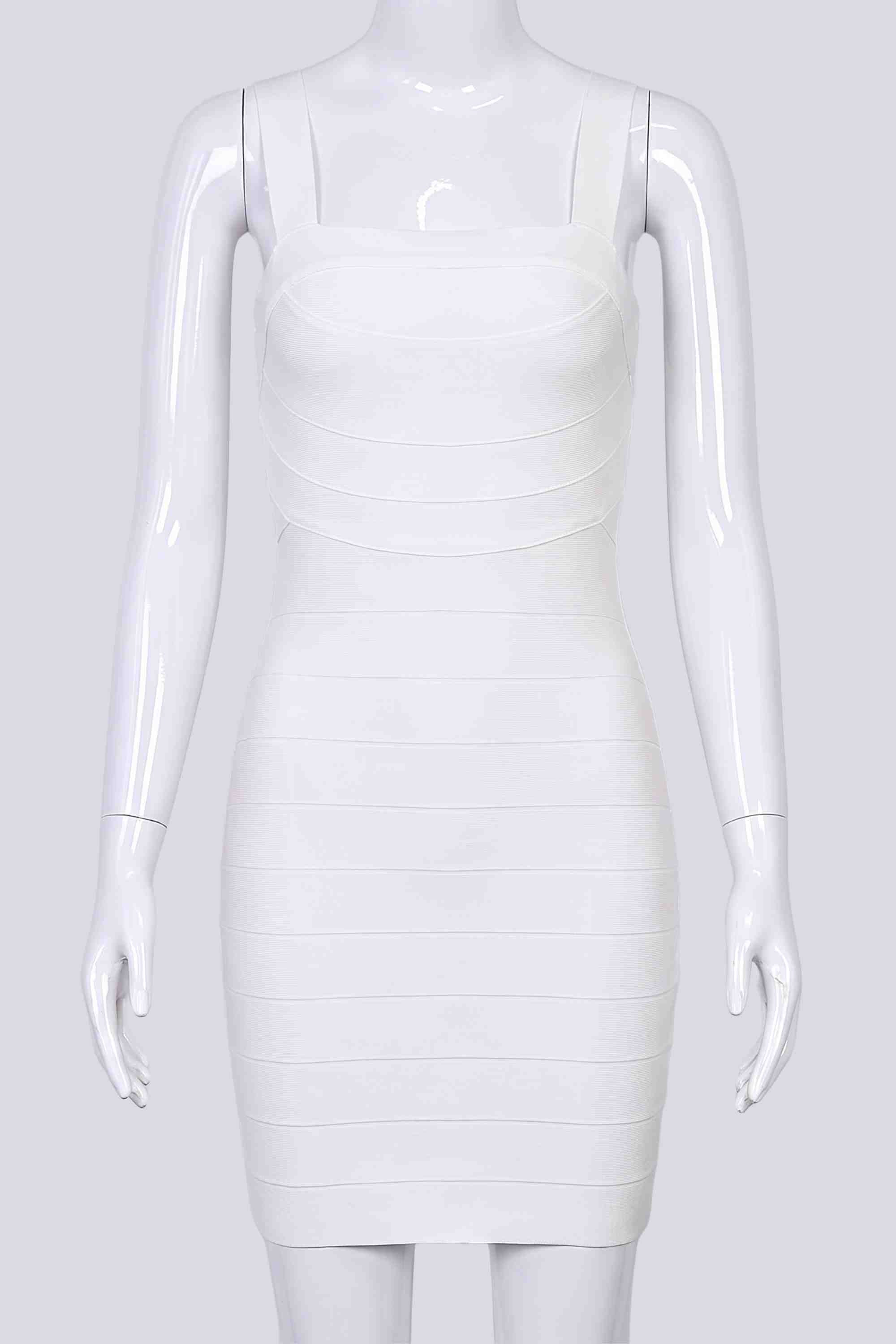 Woman wearing a figure flattering  Madelyn Bandage Mini Dress - White Pearl BODYCON COLLECTION Pty Ltd