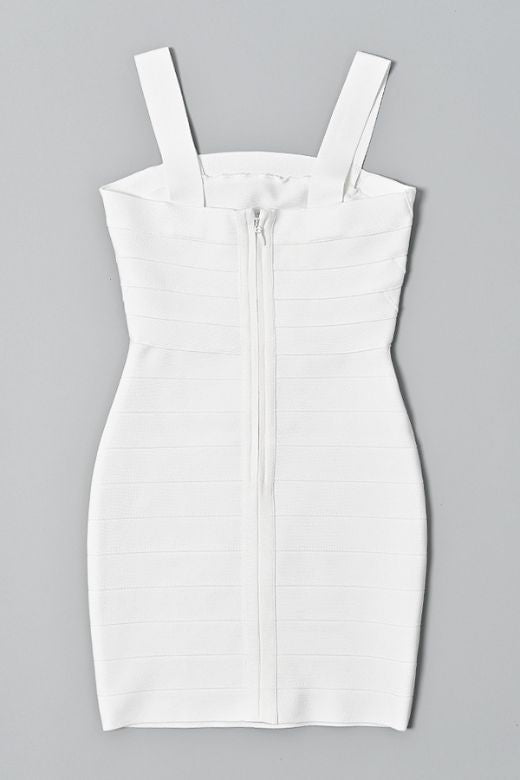 Woman wearing a figure flattering  Madelyn Bandage Mini Dress - White Pearl BODYCON COLLECTION Pty Ltd