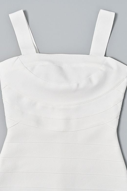 Woman wearing a figure flattering  Madelyn Bandage Mini Dress - White Pearl BODYCON COLLECTION Pty Ltd