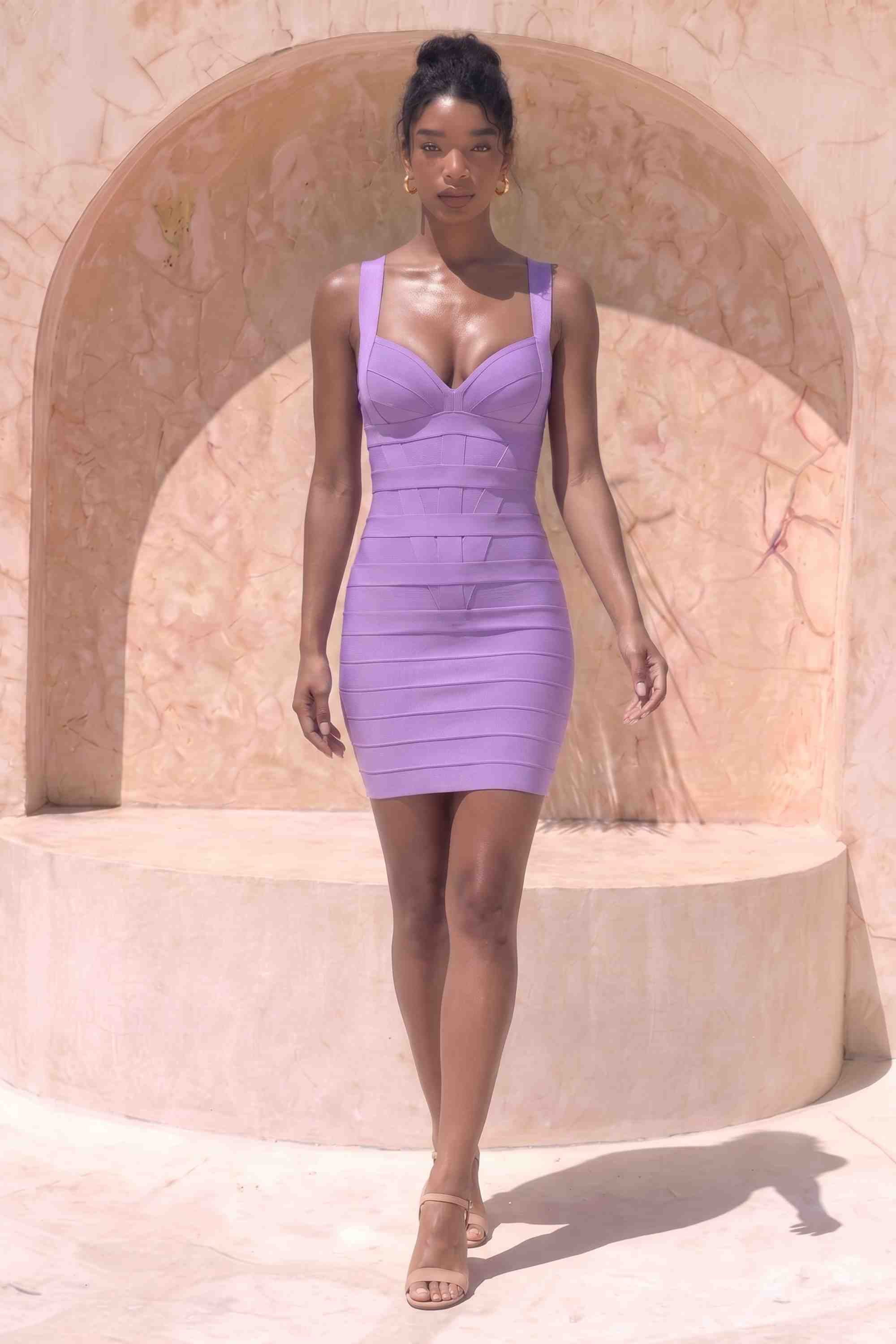 Woman wearing a figure flattering  Madison Bandage Mini Dress - Violet Purple BODYCON COLLECTION Pty Ltd