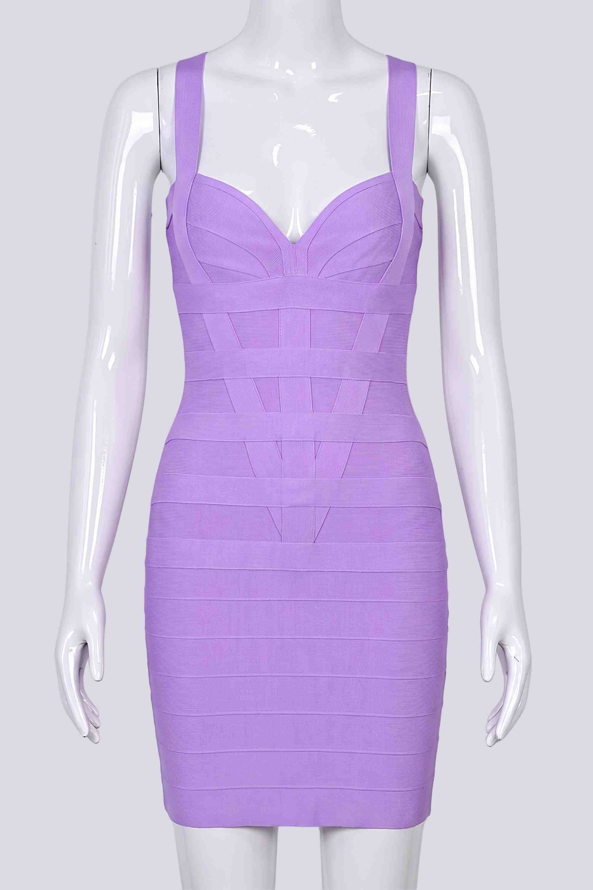 Woman wearing a figure flattering  Madison Bandage Mini Dress - Violet Purple BODYCON COLLECTION Pty Ltd