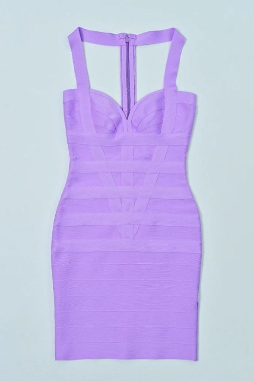 Woman wearing a figure flattering  Madison Bandage Mini Dress - Violet Purple BODYCON COLLECTION Pty Ltd