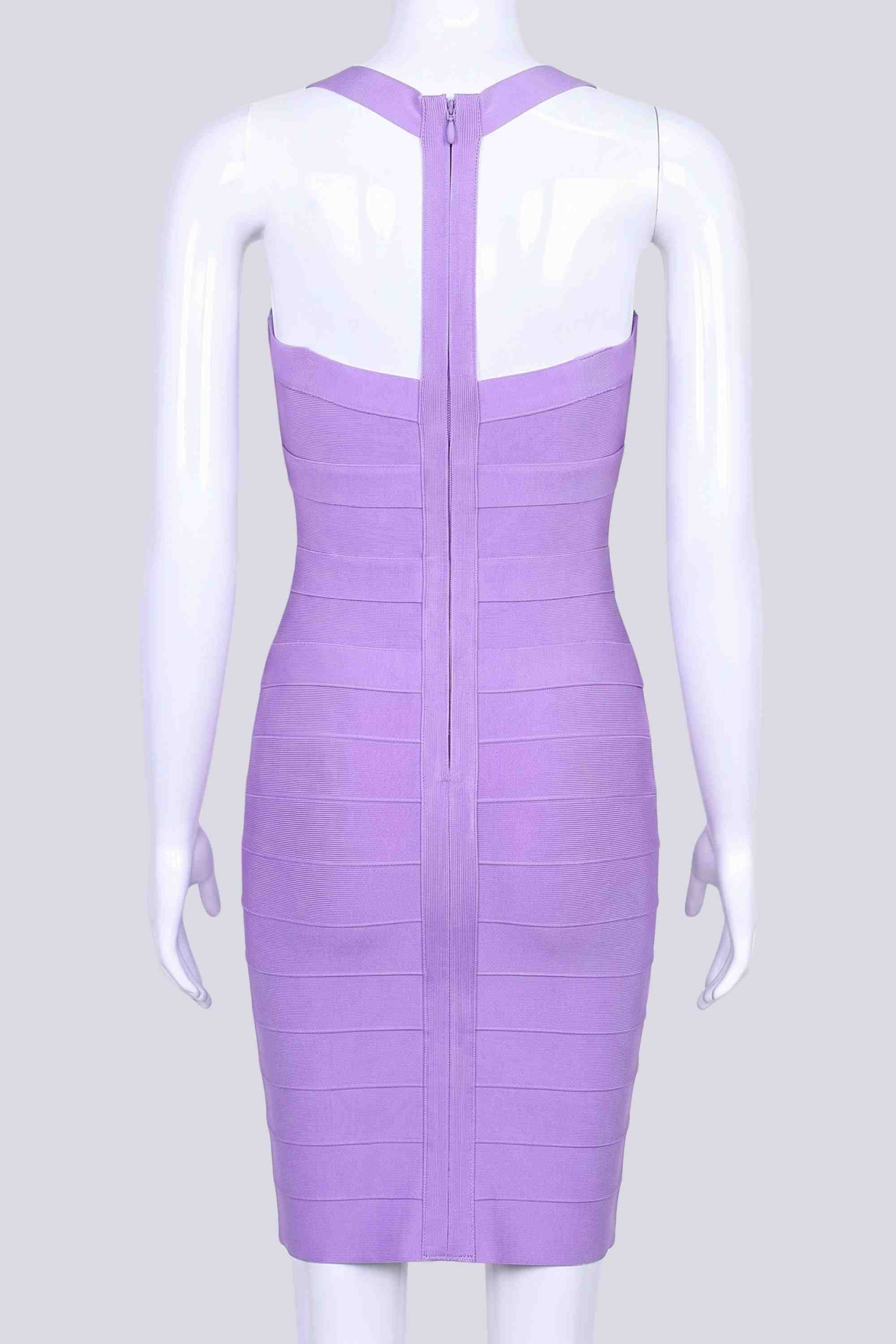 Woman wearing a figure flattering  Madison Bandage Mini Dress - Violet Purple BODYCON COLLECTION Pty Ltd