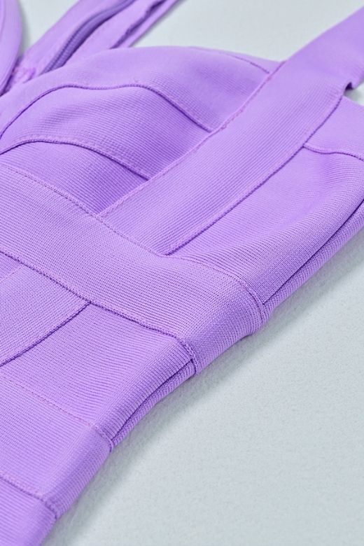 Woman wearing a figure flattering  Madison Bandage Mini Dress - Violet Purple BODYCON COLLECTION Pty Ltd