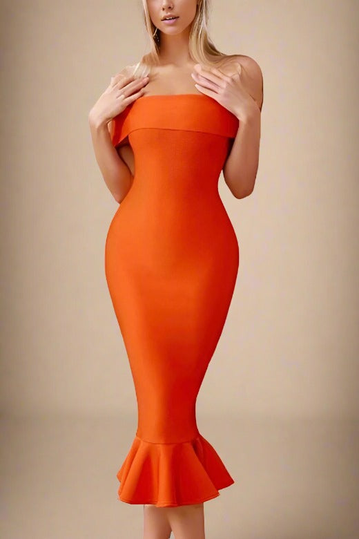 Woman wearing a figure flattering  Mandy Bodycon Midi Dress - Apricot Orange BODYCON COLLECTION