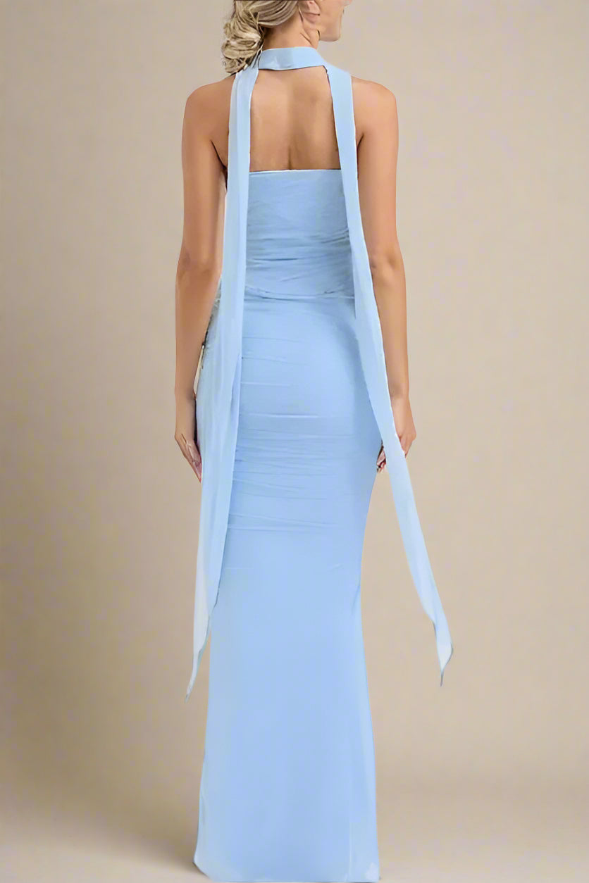 Woman wearing a figure flattering  Margot Wrap Top and Maxi Skirt Outfit Set - Sky Blue BODYCON COLLECTION