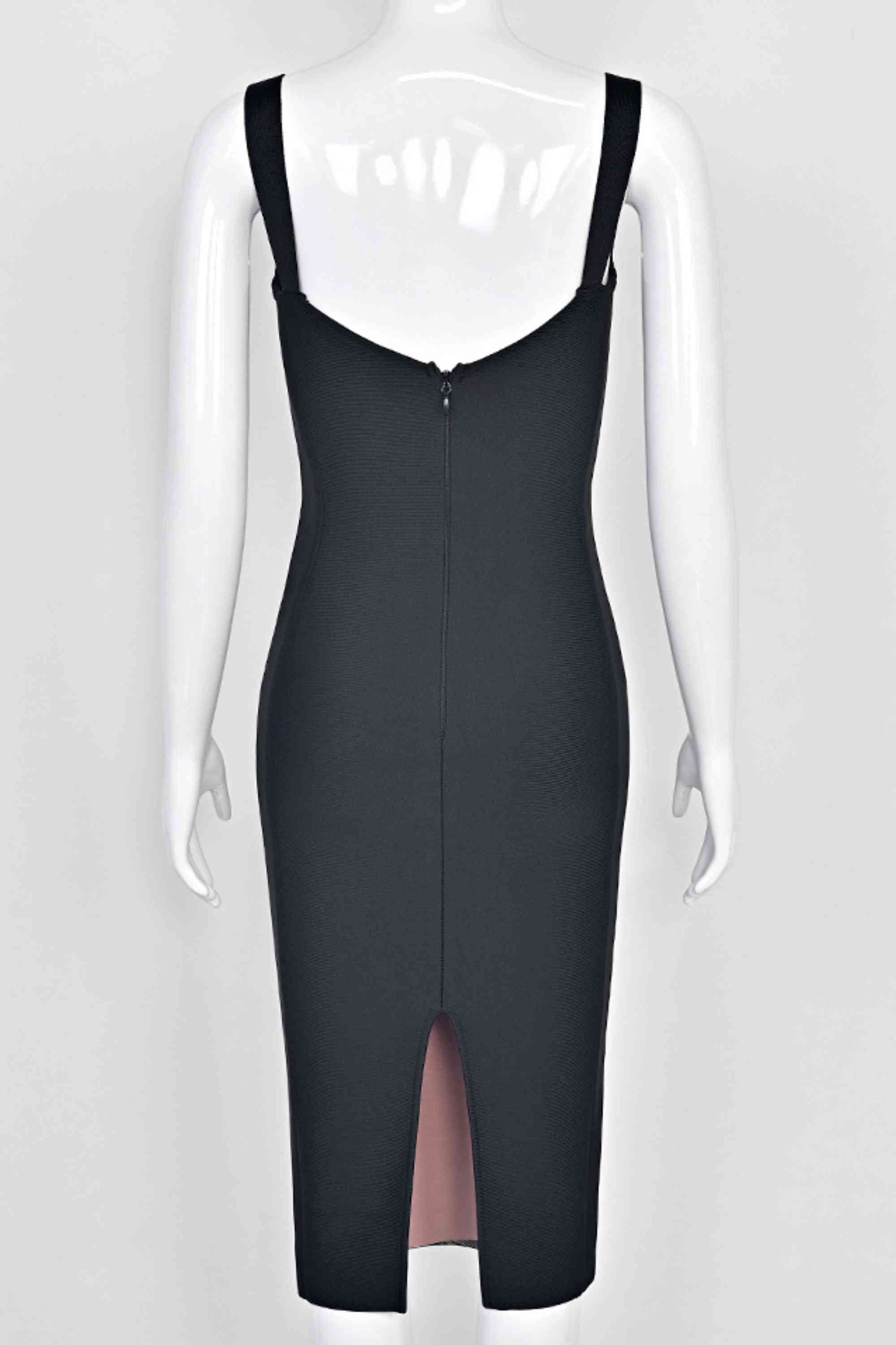 Woman wearing a figure flattering  Marilyn Bodycon Wrap Midi Dress - Classic Black BODYCON COLLECTION